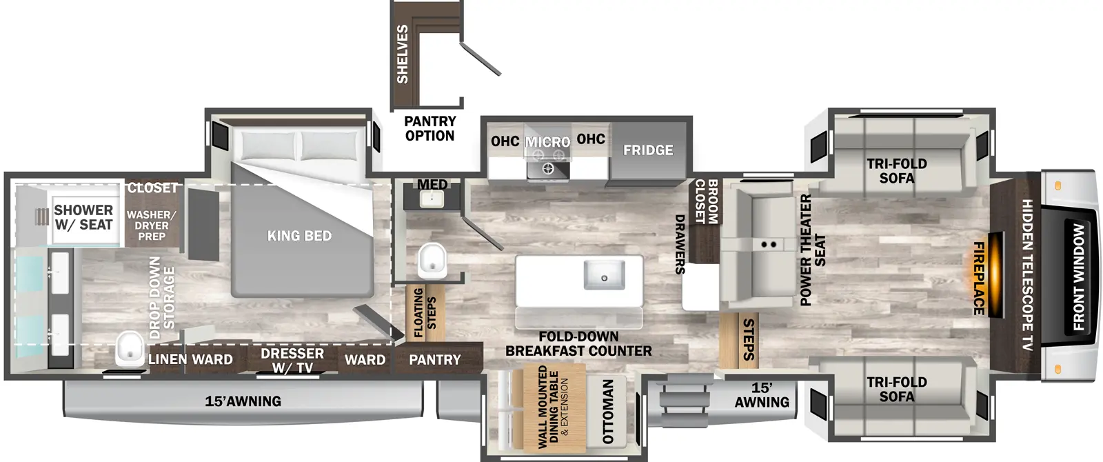 The 371FL has five slideouts and one entry. Exterior features two 15 foot awnings and a front window. Interior layout front to back: front living area with hidden telescope TV, and fireplace below, opposing tri-fold sofa slideouts, and power theater seating along interior wall; steps down to entry and kitchen; broom closet, counter and drawers along inner wall; off-door side slideout with refrigerator, microwave, cooktop, and overhead cabinets; kitchen island with sink and fold-down breakfast counter; door-side slideout with wall-mounted dining table, extension, and ottoman; off-door side half-bathroom (optional walk-in pantry with shelves); pantry and floating steps up to bedroom; bedroom with off-door side king bed slideout; door side dual wardrobes with dresser with TV in the middle; rear full bathroom with dual vanity sinks, linen closet, closet with washer/dryer prep, and shower with seat; drop-down storage below rear bedroom and bathroom.